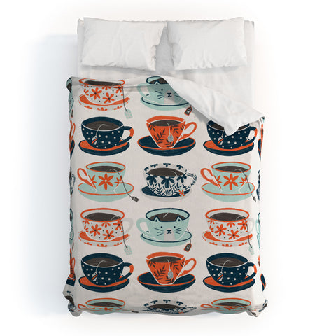 Cat Coquillette Tea Time Coral Teal Duvet Cover
