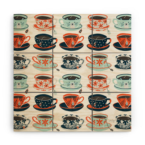 Cat Coquillette Tea Time Coral Teal Wood Wall Mural