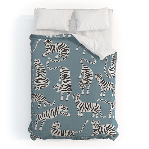 Cat Coquillette Tiger Collection White on Blue Duvet Cover