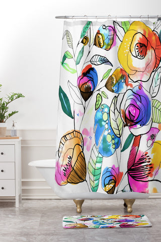 CayenaBlanca Coloured Flowers Shower Curtain And Mat