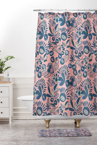 CayenaBlanca Indigo and Coral Shower Curtain And Mat