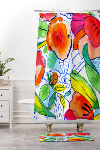 CayenaBlanca Ink Flowers Shower Curtain And Mat