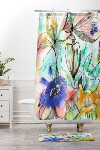 CayenaBlanca Pastels Flowers Shower Curtain And Mat