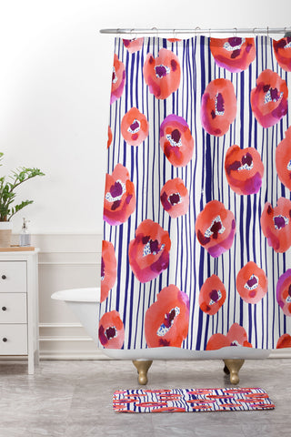 CayenaBlanca Peonies and stripes Shower Curtain And Mat