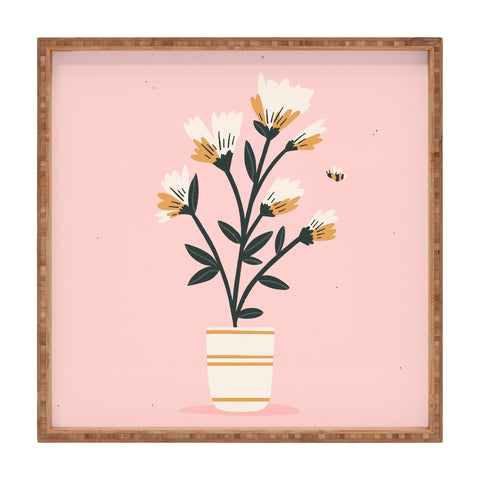 Charly Clements Bumble Bee Flowers Pink Square Tray