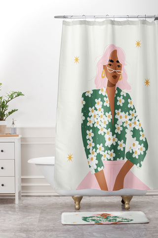 Charly Clements Strike a Pose Pink and Green Palette Shower Curtain And Mat