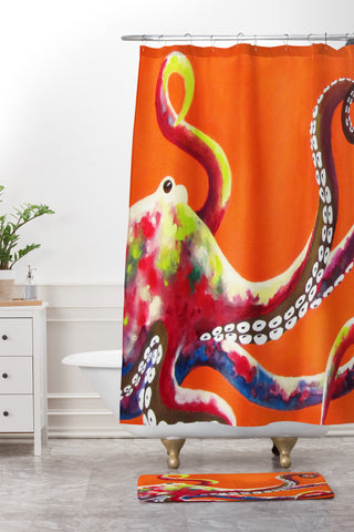 Clara Nilles Jeweled Octopus On Tangerine Shower Curtain And Mat