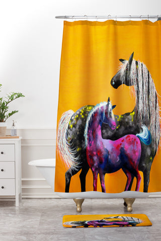 Clara Nilles Painted Ponies On Papaya Creme Shower Curtain And Mat
