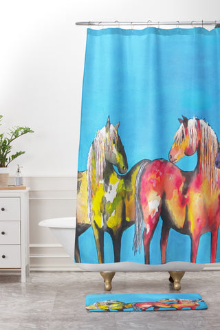 Clara Nilles Painted Ponies On Turquoise Shower Curtain And Mat
