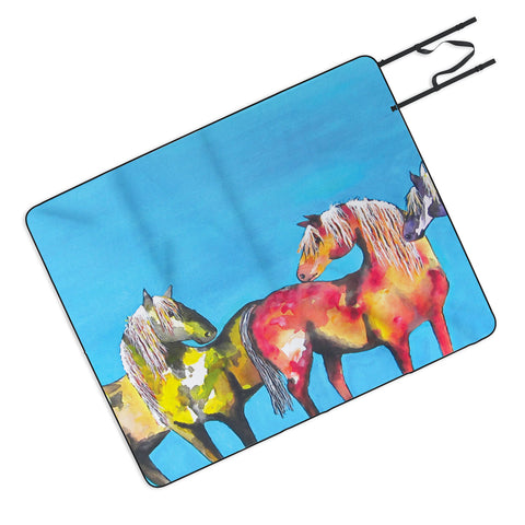 Clara Nilles Painted Ponies On Turquoise Picnic Blanket