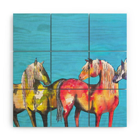 Clara Nilles Painted Ponies On Turquoise Wood Wall Mural