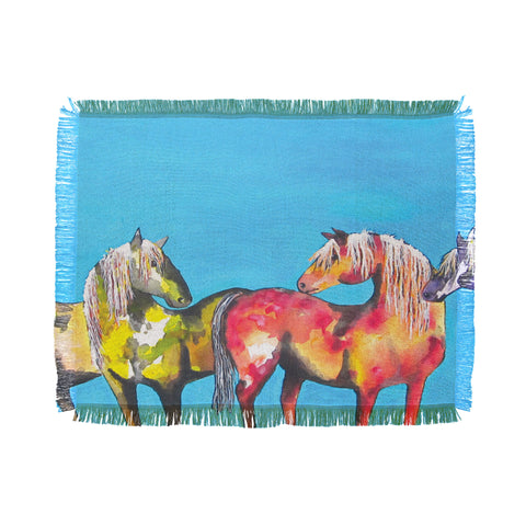 Clara Nilles Painted Ponies On Turquoise Throw Blanket