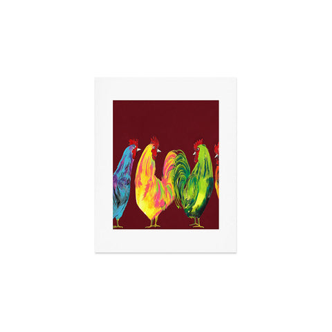 Clara Nilles Rainbow Roosters On Sangria Art Print