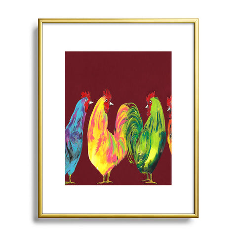 Clara Nilles Rainbow Roosters On Sangria Metal Framed Art Print