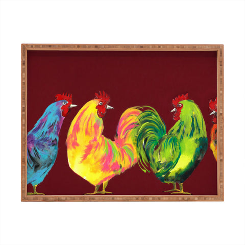 Clara Nilles Rainbow Roosters On Sangria Rectangular Tray