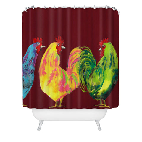Clara Nilles Rainbow Roosters On Sangria Shower Curtain