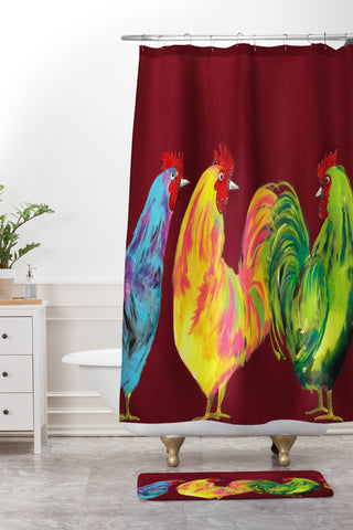 Clara Nilles Rainbow Roosters On Sangria Shower Curtain And Mat
