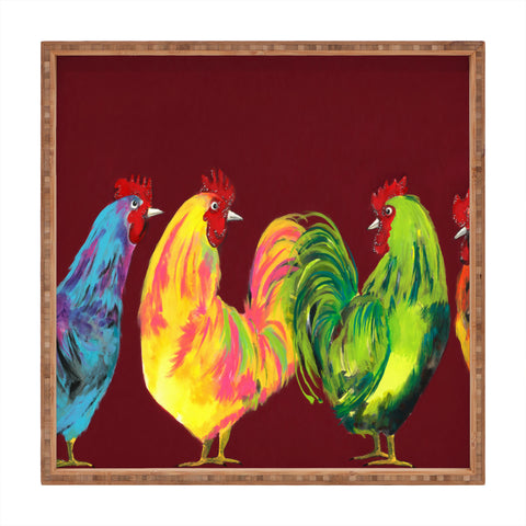 Clara Nilles Rainbow Roosters On Sangria Square Tray