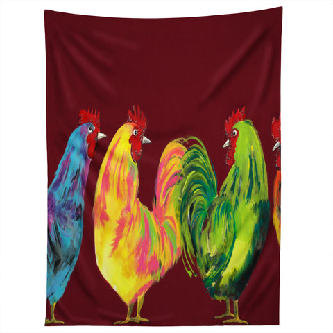 Clara Nilles Rainbow Roosters On Sangria Tapestry