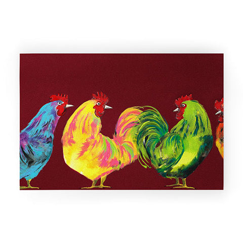 Clara Nilles Rainbow Roosters On Sangria Welcome Mat