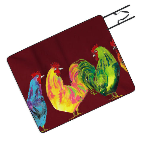 Clara Nilles Rainbow Roosters On Sangria Picnic Blanket