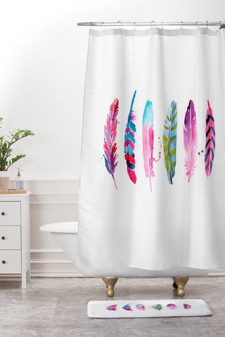 CMYKaren Watercolor Feathers Shower Curtain And Mat