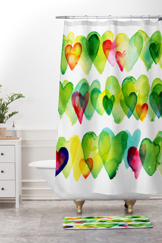 CMYKaren Watercolor Hearts Shower Curtain And Mat