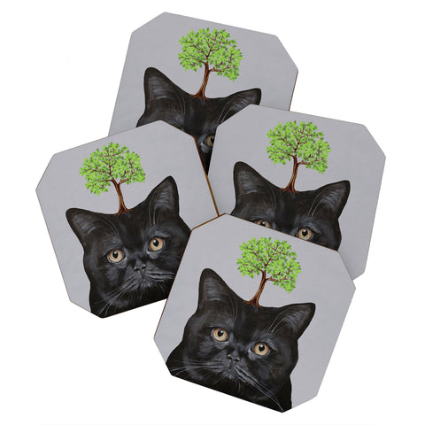 Coco de Paris A black cat with a tree Coaster Set