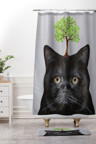 Coco de Paris A black cat with a tree Shower Curtain And Mat