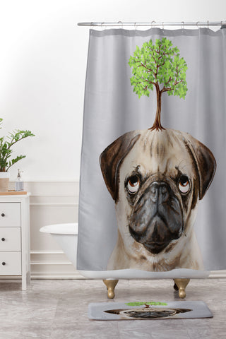 Coco de Paris A pug with a tree Shower Curtain And Mat