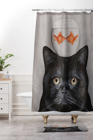 Coco de Paris Black cat with fishbowl Shower Curtain And Mat