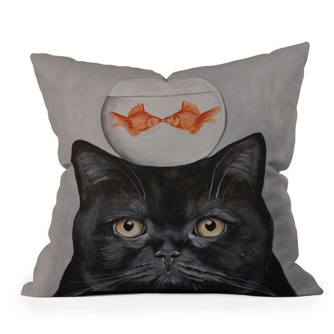 Coco de Paris Black cat with fishbowl Throw Pillow