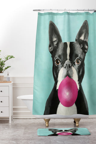 Coco de Paris Boston Terrier blowing bubblegum Shower Curtain And Mat