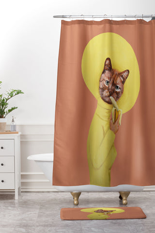 Coco de Paris Cat eating banana Shower Curtain And Mat