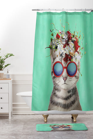 Coco de Paris Flower Power Cat turquoise Shower Curtain And Mat