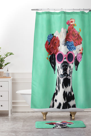 Coco de Paris Flower Power Dalmatian turquoise Shower Curtain And Mat