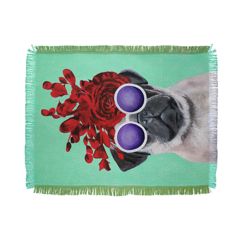 Coco de Paris Flower Power Pug turquoise Throw Blanket