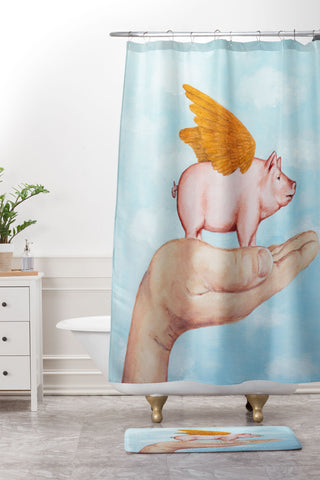 Coco de Paris Pig with Golden wings Shower Curtain And Mat