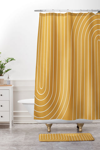 Colour Poems Minimal Line Curvature Gold Shower Curtain And Mat