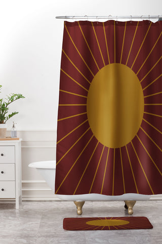 Colour Poems Minimal Sunrays Dark Red Shower Curtain And Mat