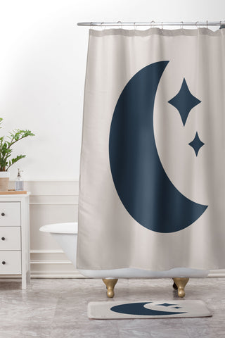 Colour Poems Moon and Stars Dark Blue Shower Curtain And Mat