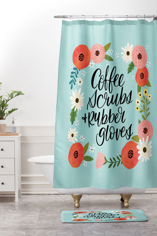 CynthiaF Coffee Scrubs and Rubber Gloves Shower Curtain And Mat