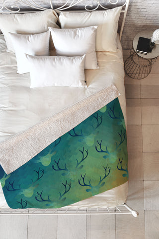 Deniz Ercelebi Aqua Antlers Pattern Fleece Throw Blanket