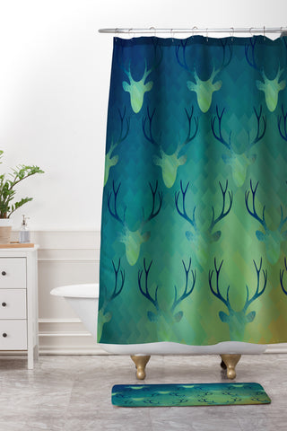 Deniz Ercelebi Aqua Antlers Pattern Shower Curtain And Mat