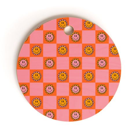 Doodle By Meg Orange Pink Checkered Print Cutting Board Round