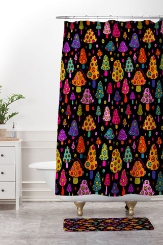 Doodle By Meg Smiley Mushrooms in Black Shower Curtain And Mat