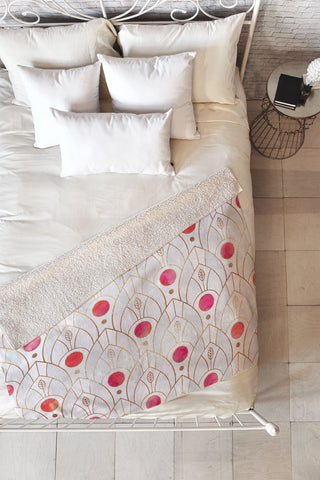 Elisabeth Fredriksson Art Deco Leaves Pink Fleece Throw Blanket