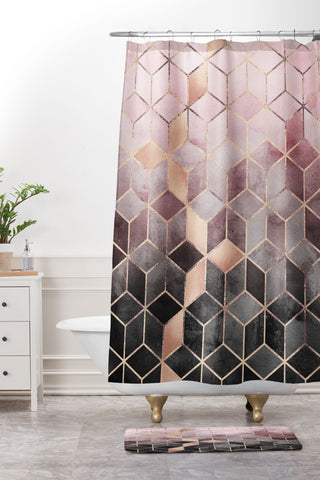 Elisabeth Fredriksson Pink Grey Gradient Cubes 2 Shower Curtain And Mat