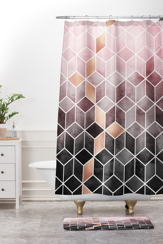 Elisabeth Fredriksson Pink Grey Gradient Cubes Shower Curtain And Mat