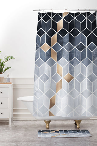 Elisabeth Fredriksson Soft Blue Gradient Cubes Shower Curtain And Mat